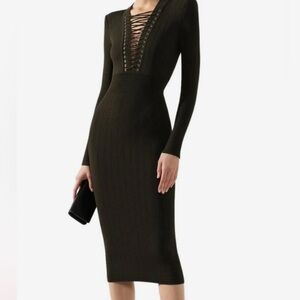 Balmain Black Lace-Up Long-Sleeve Midi Dress